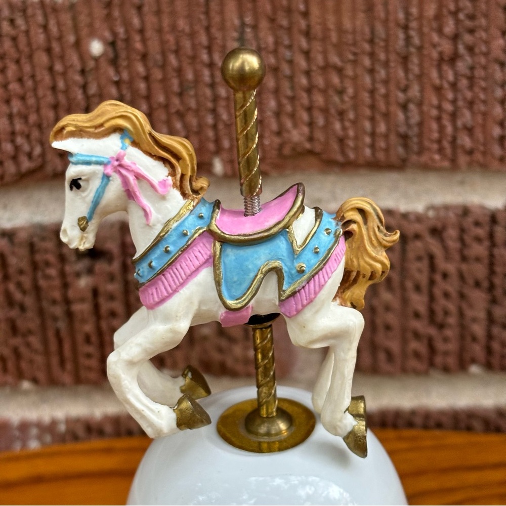 Vintage Carousel Topper Ceramic White Bell Blue Ribbon And Pink Roses - Picture 3 of 6